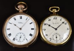 Two gold plated keyless winding open faced pocket watches, one Waltham with subsidiary seconds dial,