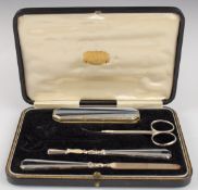 Art Deco cased hallmarked silver and guilloché enamel mounted manicure set, Birmingham 1934, maker
