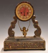 19thC Brevette boulle work drum cased mantel clock with gilt swinging cherub pendulum, for