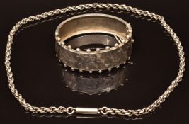 Victorian silver bangle engraved with swallows, heron and insects and a Victorian silver necklace