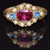 Victorian 15ct gold ring set with paste and seed pearls, size L, 1.7g