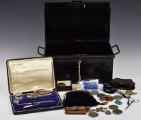 Cased hallmarked silver mounted manicure set, pair of thimbles marked sterling, purse with