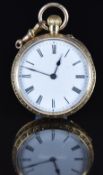 Unnamed 18ct gold keyless winding open faced pocket watch with blued hands, black Roman numerals,