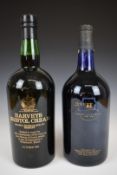 Two Harveys Bristol Cream Sherry commemorative magnum bottles, one to mark 25th anniversary of the
