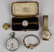 Five various watches comprising three ladies wristwatches, two 9ct gold, an Everite gold plated