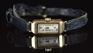 Unnamed 18ct gold ladies wristwatch with blued hands, black Arabic numerals, silver dial and Swiss
