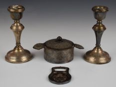 Pair of hallmarked silver candlesticks, height 14cm, Christofle bottle opener and an Indian white