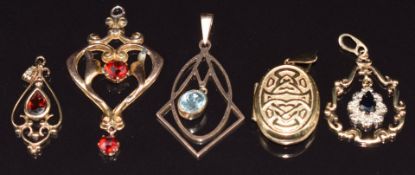 Edwardian 9ct gold pendant, 9ct gold pendant set with a sapphire, Art Deco 9ct gold pendant set with