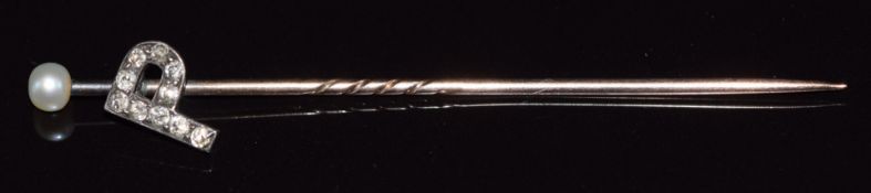 Victorian stick pin set with a pearl and old cut diamonds in the letter 'P'