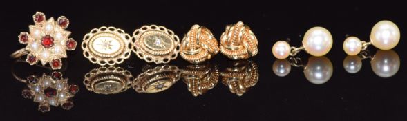 Three pairs of 9ct gold earrings comprising knot, pearl set and diamond set together with a single