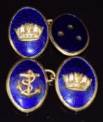 A pair of 18ct gold cufflinks set with blue enamel with anchor and crown decoration, 11.8g