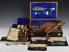 Cased cutlery and sets to include hallmarked silver mounted dressing table set in fitted case, width