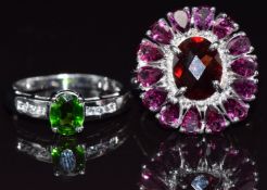 Two 9ct white gold rings, one set with garnet and amethyst the other diopside, size N and M, 8.5g