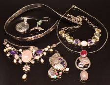 Five silver necklaces including examples set with amethyst, quartz, rose quartz, pearls, etc