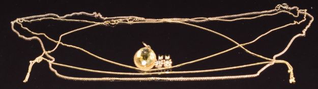 Three 9ct gold necklaces/ chains and three 9ct gold pendants set with topaz, peridot and citrine,