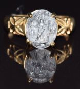 A 9k gold ring set with rutile quartz cabochon, size M, 3.2g