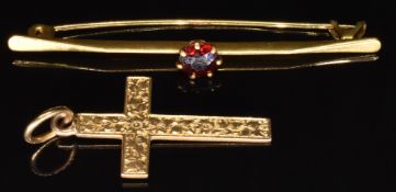 Victorian 9ct gold cross pendant with ivy decoration, Birmingham 1896, and a yellow metal brooch set