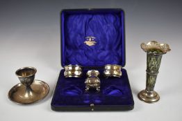 Hallmarked silver egg cup, hallmarked silver vase with green glass liner, pair of open salts with