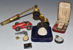Cased Dunhill lighter, opera glasses, silver coin brooch, pocket watch, Schuco clockwork Micro Racer