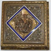 A 19thC enamelled bronze or similar Grand Tour casket with hinged lid decorated with musicians in