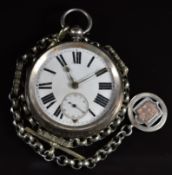 W H Taylor of Barnsley hallmarked silver open faced pocket watch with gold hands, black Roman