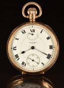 Waltham 9ct gold keyless winding open faced pocket watch with power reserve indicator, subsidiary