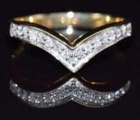A 9ct gold ring set with diamonds in a V setting, size M/N, 2.2g