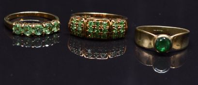 Three 9ct gold rings set with quartz, size M & N, 8.4g