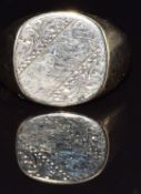 A 9ct gold signet ring with engraved decoration, size O/R, 8.3g