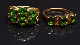 Two 9ct gold rings set with diopside, size M & N, 6.9g
