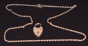 A 9ct rose gold necklace (3.4g) and 15ct rose gold heart clasp/ padlock, 3.4g