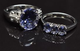 Two 9ct white gold rings both set with tanzanites, size N, 5.6g