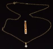 Two 9ct gold pendants one set with sapphires and diamonds and the other a diamond, with 9ct gold
