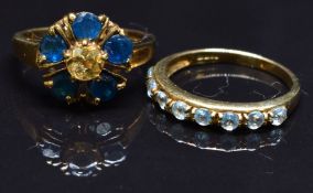 Two 9ct gold rings set with quartz and aquamarine, size N, 5g