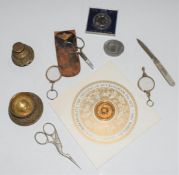 A small collection of novelty items including mother of pearl hallmarked silver fruit knife,