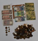 A collection of UK and overseas coinage, 18thC onwards, includes Jetons etc and some banknotes,