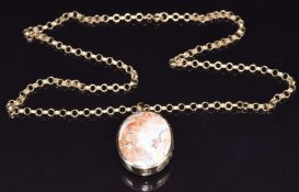 A 9ct gold double sided pendant set with lace agate and moss agate on a 9ct gold chain, 19.5g