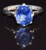 A platinum ring set with an oval cut sapphire approximately 1.5ct, size L, 3.4g