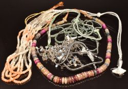 A group of necklaces including beaded sapphire, green sapphire, agate and labradorite