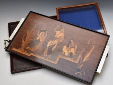 Inlaid / marquetry inset rosewood tray, a carved tray and small glazed mahogany display cabinet,