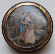 Ivory and tortoiseshell dressing table pot, the lid having gold rim surrounding a watercolour