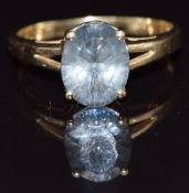A 14k gold ring set with a fancy oval cut tanzanite, size Q, 3g