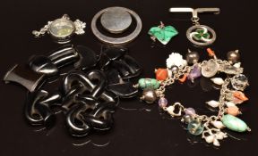 Victorian jet bracelet, silver brooch, silver charm bracelet, Newbridge silverware pendant,