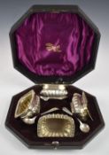 Victorian cased hallmarked silver cruet set comprising four open salts, Birmingham 1895, maker S