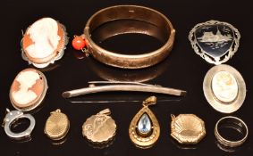 Two silver brooches set with cameos, silver brooch, 9ct gold and silver ring, two 9ct gold back
