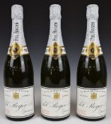 Three Pol Roger Extra Dry Champagne, in wicker basket