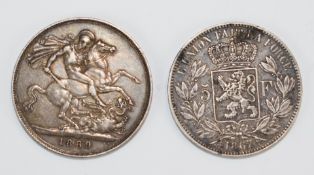 Queen Victoria 1889 Jubilee crown and a Leopold II 1887 5 francs