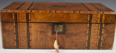 Tunbridgeware inlaid walnut writing slope, the interior including a lift out divisional tray and