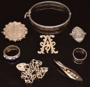 Silver bangle with engraved flowers, silver ring, silver coin, bracelet etc