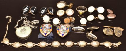 A pair of Victorian cufflinks set with banded agate, Japanese cufflinks, mother of pearl